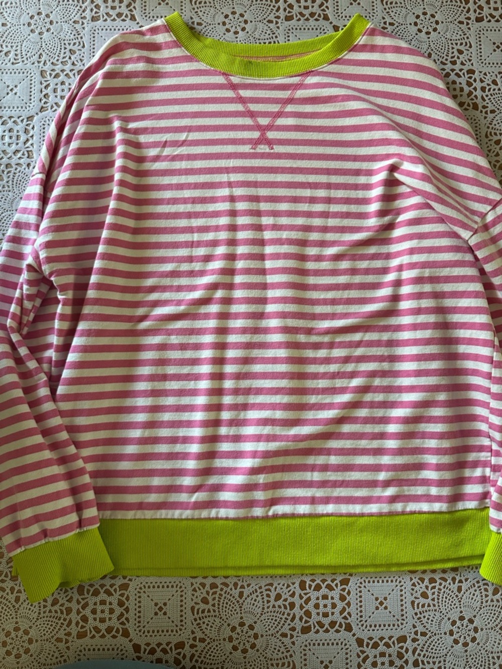 Striped Pink & White Sweatshirt with Neon Green Trim